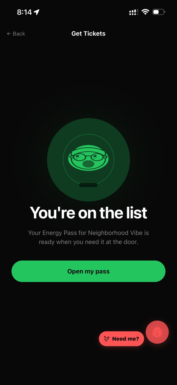 The TEO app showing an Energy Pass issued for an event, ready for the door.